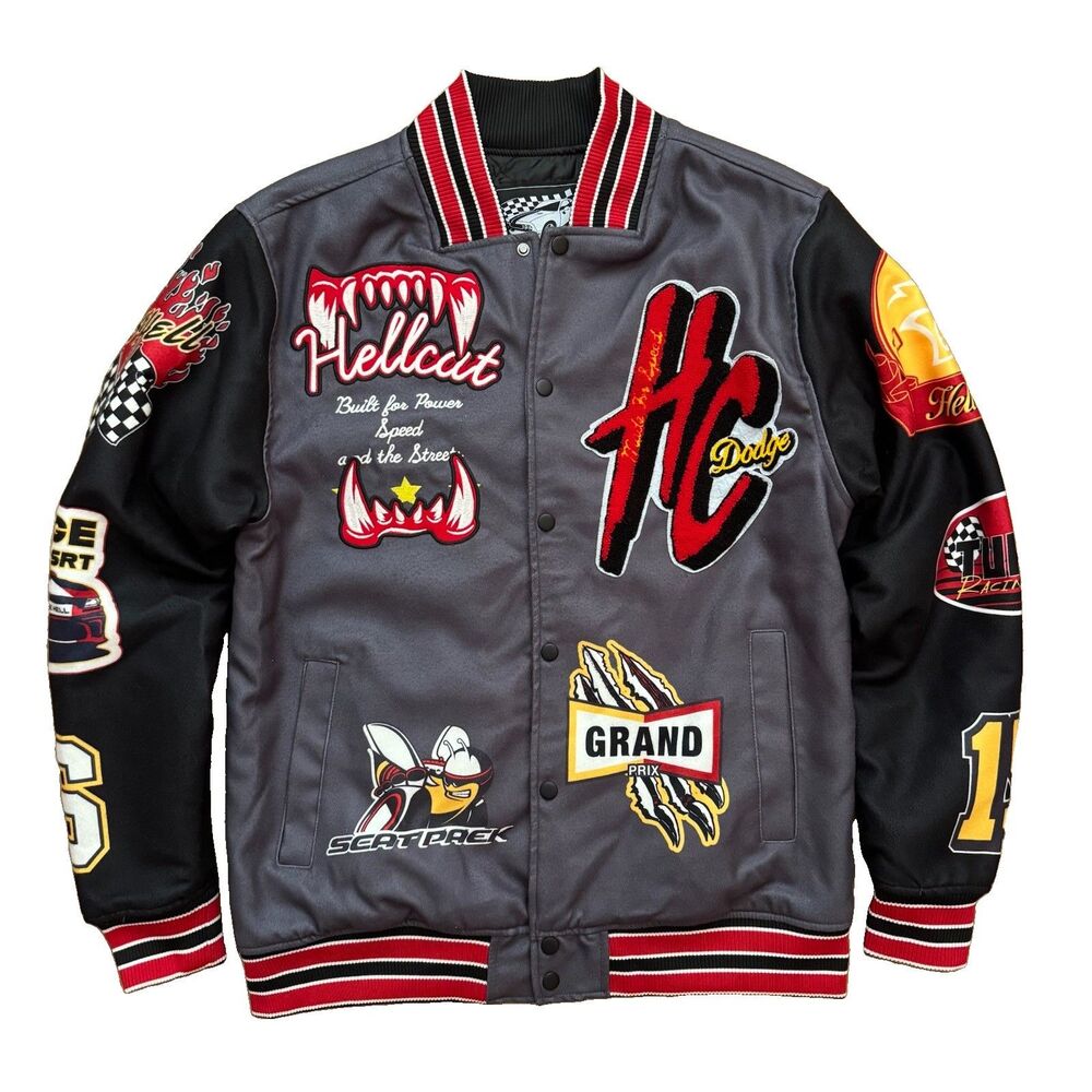 Reason x Dodge Hellcat Embroidered Varsity Bomber Racing Jacket Men’s L Gray Red